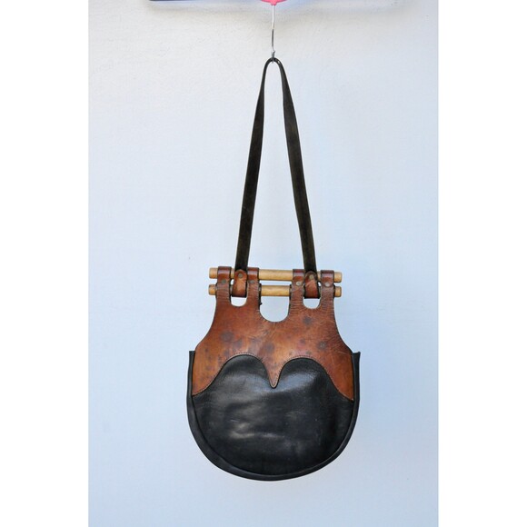 70s 2 Tones Brown & Black Leather Shoulder Bag Original Boho Gypsy Woodstock - Picture 7 of 10